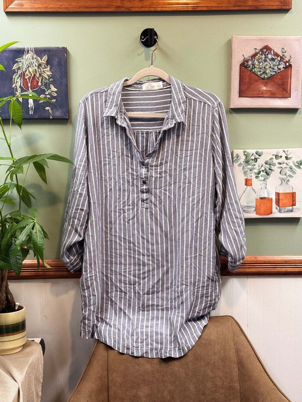 Shirt dress women Small Denim Color White Stripes With Pockets